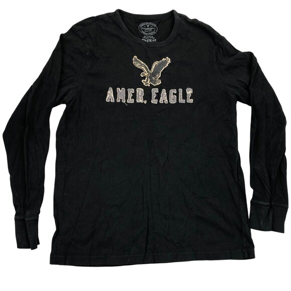American Eagle Mens Long Sleeve T-Shirt Large Black Athletic Fit Pullover Casual - Picture 1 of 9
